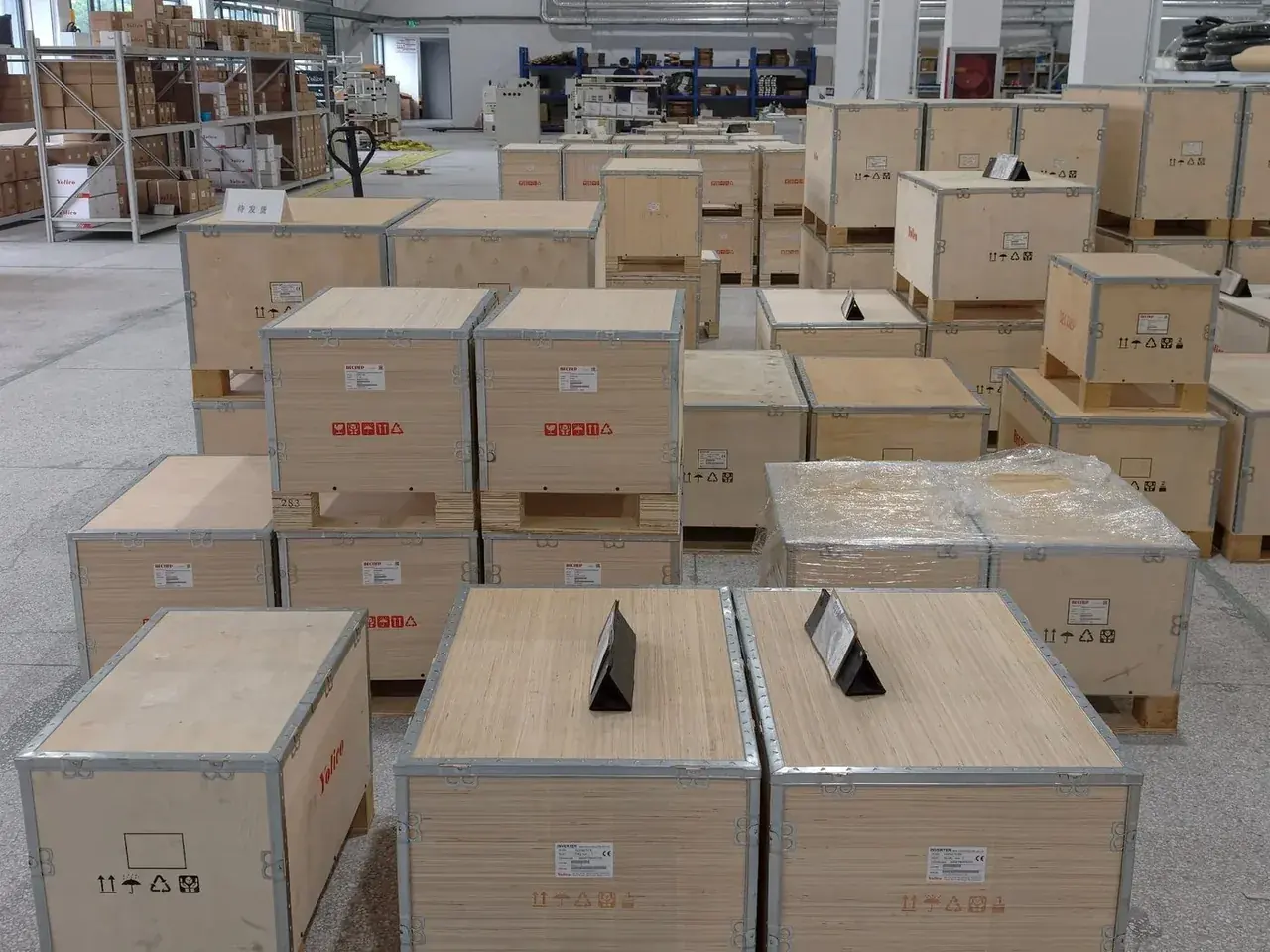 Wooden export crates stacked in the warehouse ready for shipment