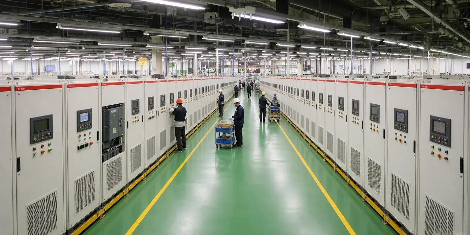 Symmetrical view down the central aisle of the Yolico assembly hall — rows of variable frequency drive cabinets on both sides, an open cabinet showing drive modules, workers testing units on the green floor