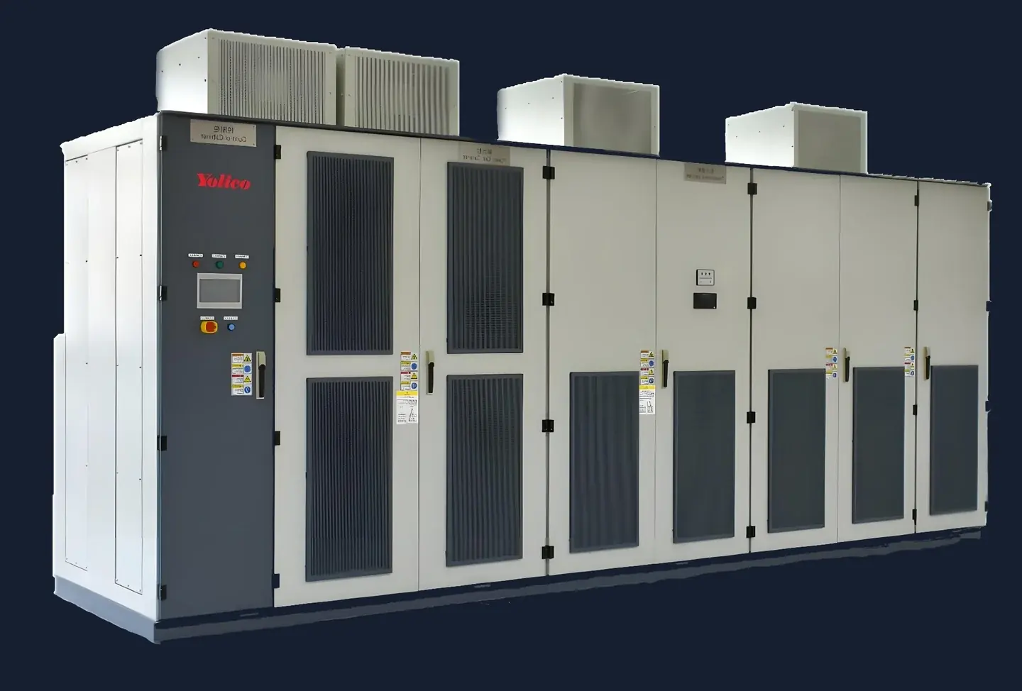 Yolico variable frequency drive cabinet with an HMI control panel and Yolico branding, on a dark background